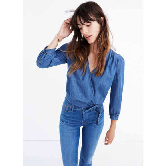 Madewell Tops - Madewell Womens XL Blue 70s Retro Cropped Fit V-Neck Long Sleeve Denim Wap Top